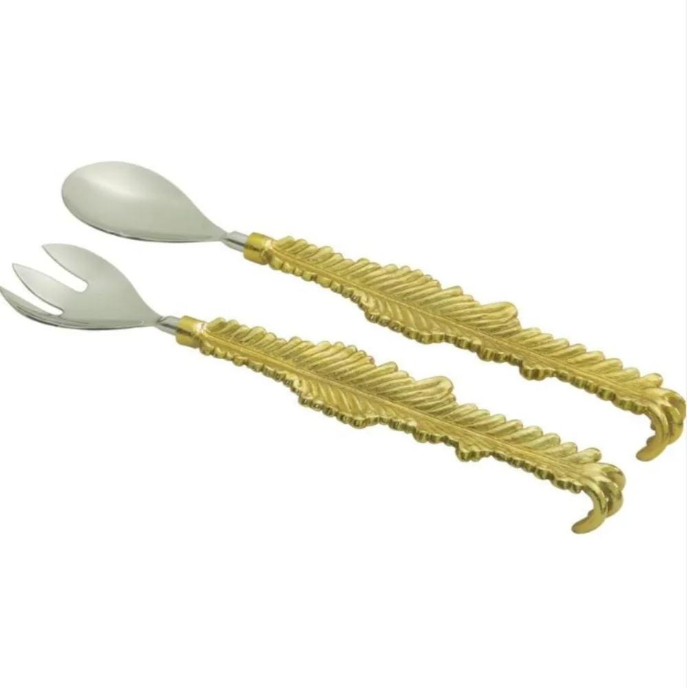 Gute Spoon Fork 2 Pieces Salad Server Gold Feather Leaf Design Set